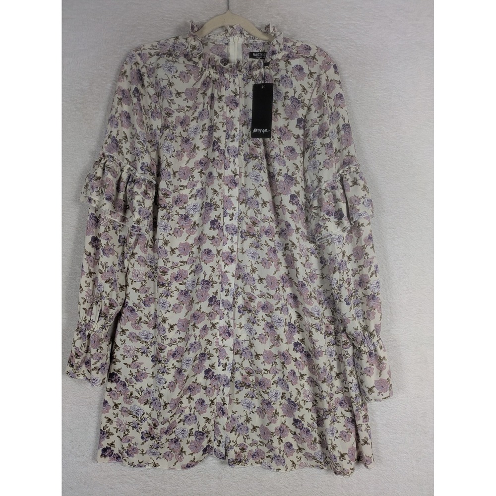NEW Nasty Gal Dress Women's 6 Cream Purple Floral Ruffle Sleeve Mini High Neck